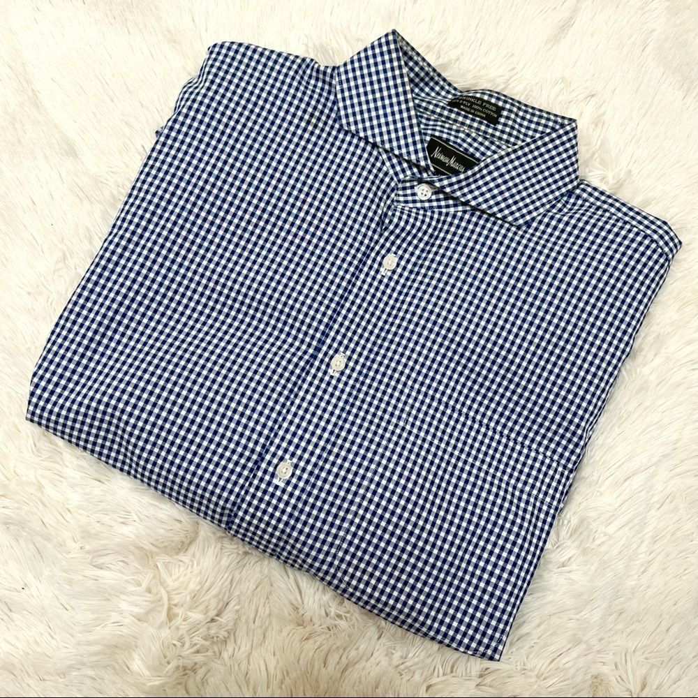 Men’s Neiman Marcus button down in blue gingham check wrinkle free material